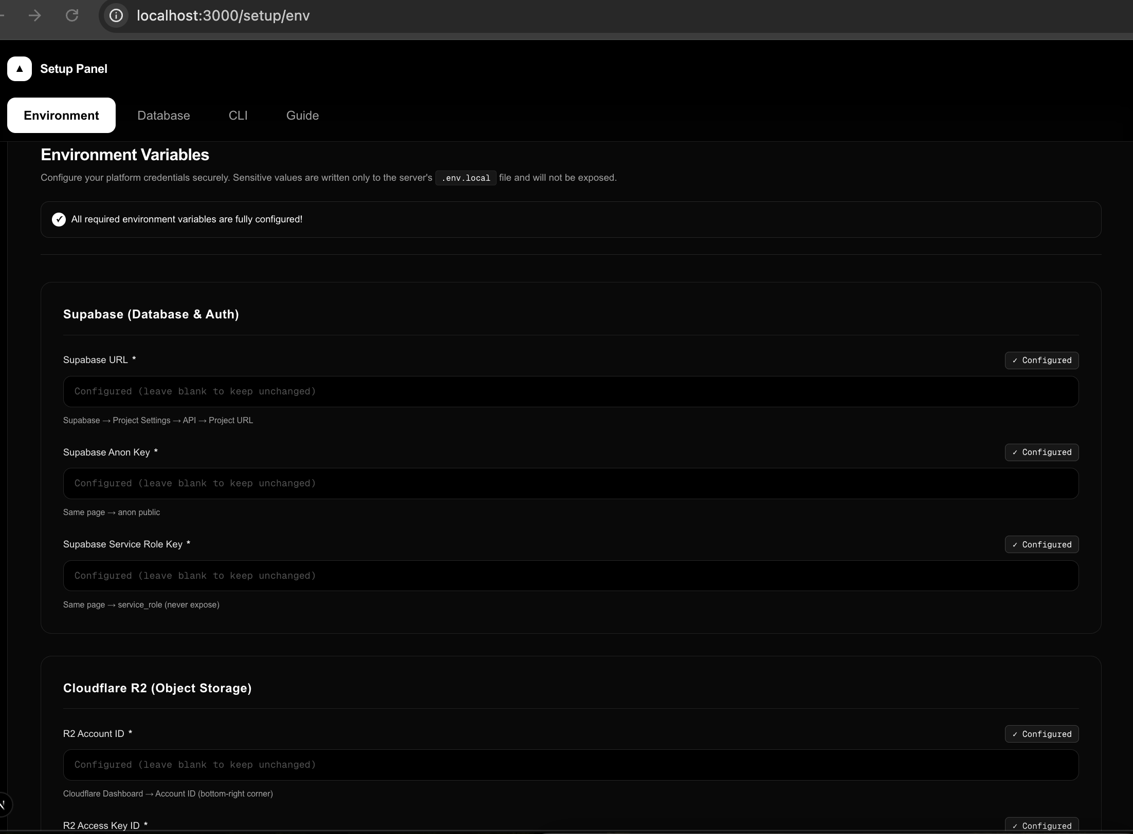 Stackforge Setup Panel — all config in one place